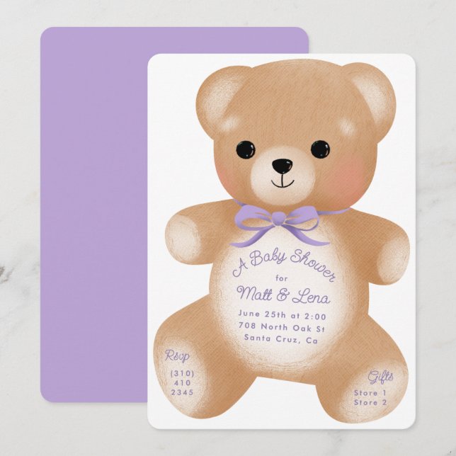 Teddy Purple Bow Baby Shower Invitation (Front/Back)