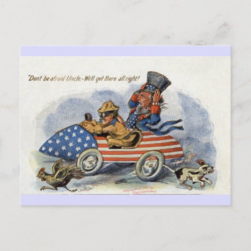 Teddy Roosevelt  Uncle Sam in Patriotic Auto Postcard