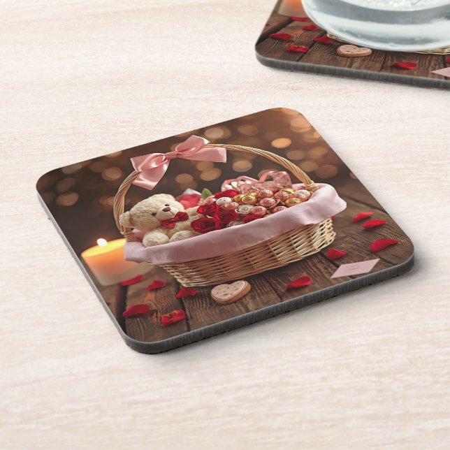 Teddy Rose Basket Romantic Valentine Heart Drink Beverage Coaster (Left Side)