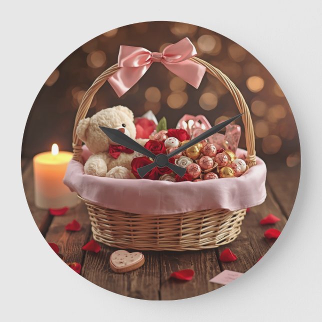 Teddy Rose Basket Romantic Valentines Decorative Large Clock (Front)
