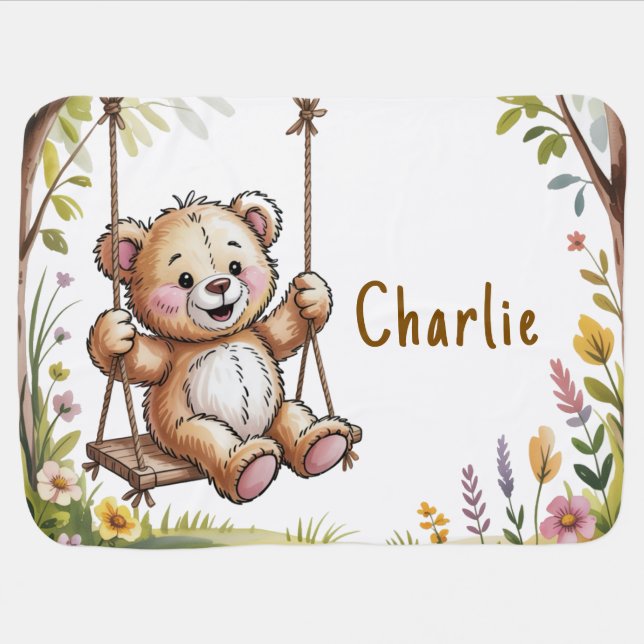 Teddy’s First Birthday Swing Party Gift Baby Blanket (Horizontal)