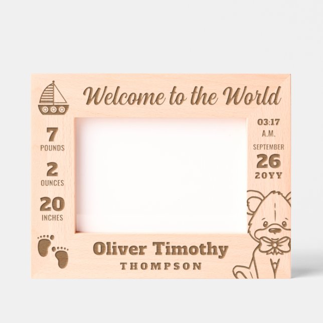 Teddy & Sailboat Welcome to the World Baby Stats Engraved Frames (Front)