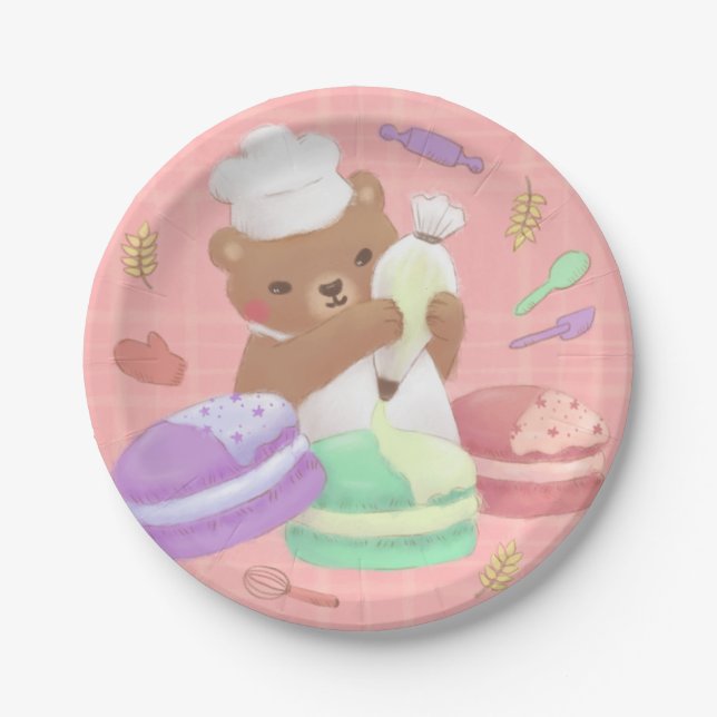 Teddy the Baker with Macarons Paper Plates (Front)