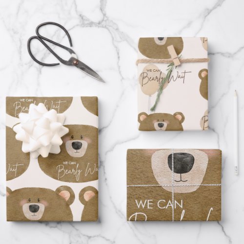 Teddy We Can Bearly Wait Gender Baby Shower Wrapping Paper Sheets