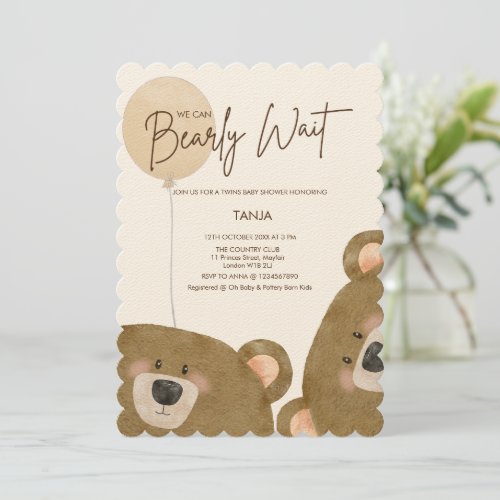 Teddy We Can Bearly Wait Twins Baby Shower Invitation