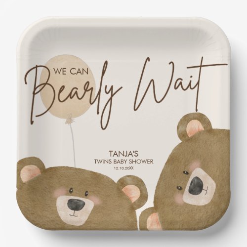 Teddy We Can Bearly Wait Twins Baby Shower Paper Plates