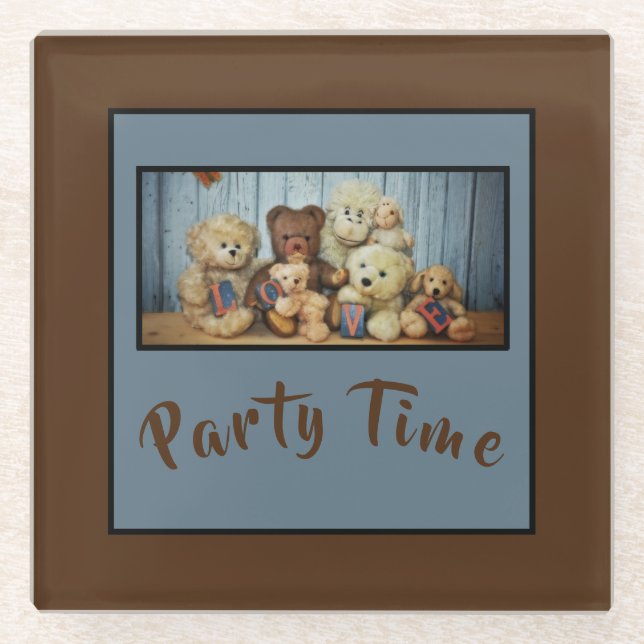 Teddy with friends  Party Time   - Glass Coaster (Front)