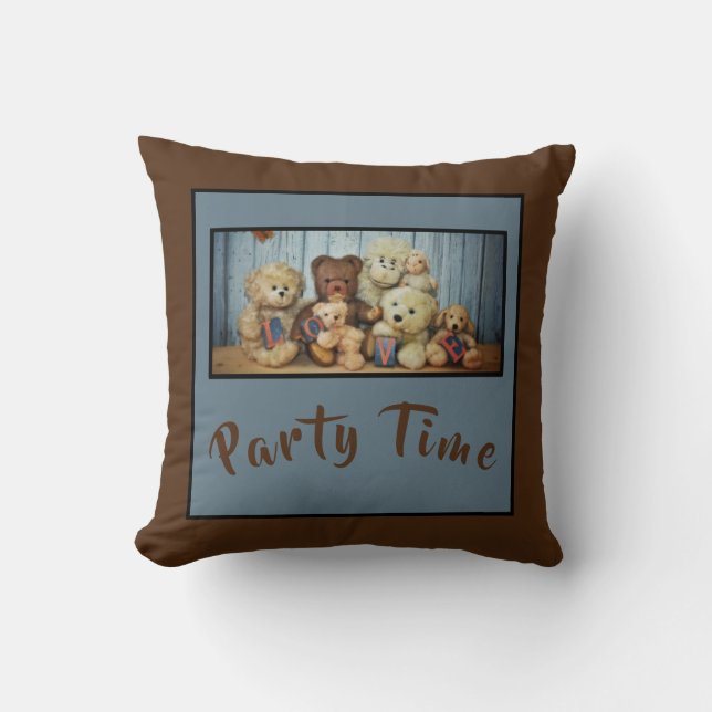 Teddy with friends  Party Time   - Throw Pillow (Front)
