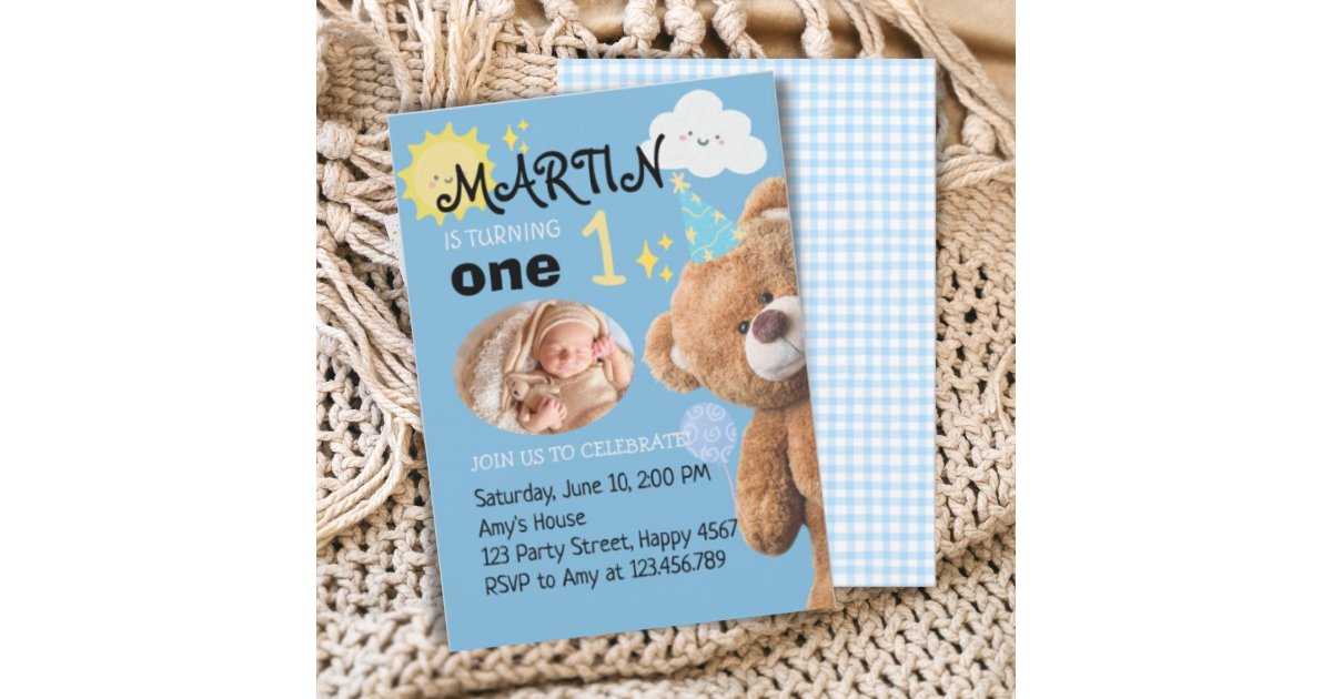 TeddyBear Blue Custom Photo Boy First 1st Birthday Invitation | Zazzle