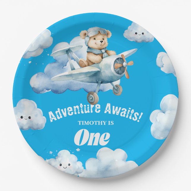 Teddy's First Birthday Sky-High Soiree  Paper Plates (Front)