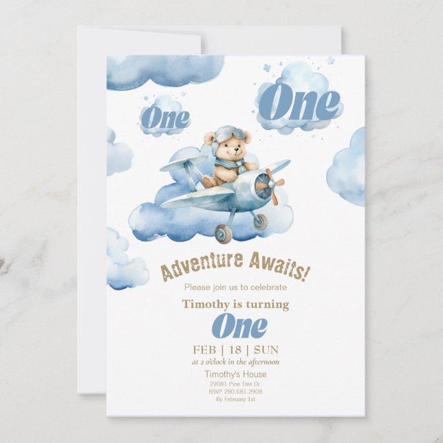 Teddy's Sky-High First Birthday Adventure  Invitation (Front)