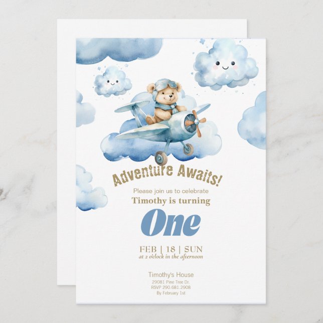 Teddy's Sky-High First Birthday Adventure  Invitation (Front/Back)