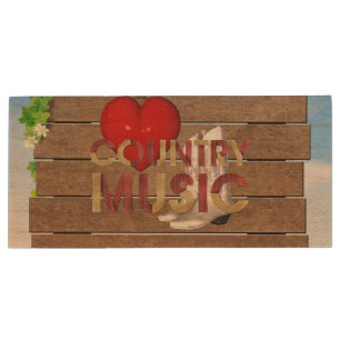 TEE I Love Country Music Wood USB Flash Drive