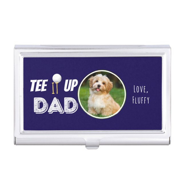 Tee It Up Dad Custom Pet Photo Fathers Day Navy Business Card Case (Front)