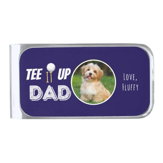Tee It Up Dad Custom Photo Fathers Day Navy Blue Silver Finish Money Clip (Front)