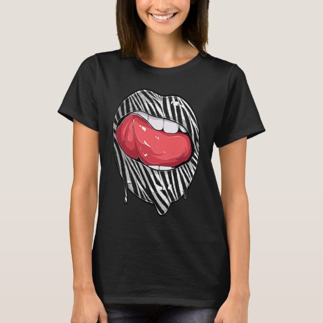 Tee Lips with Zebra Pattern Woman Tongue Girl Lips (Front)