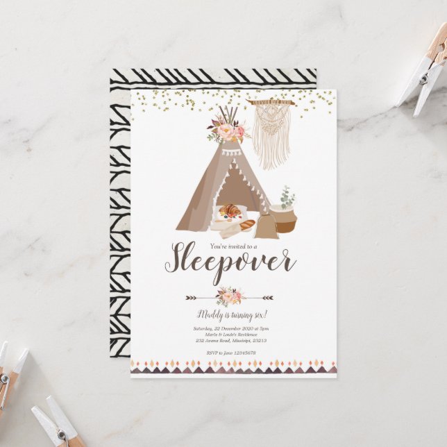 Tee Pee Sleepover Girl Birthday Party Invitation (Front/Back In Situ)