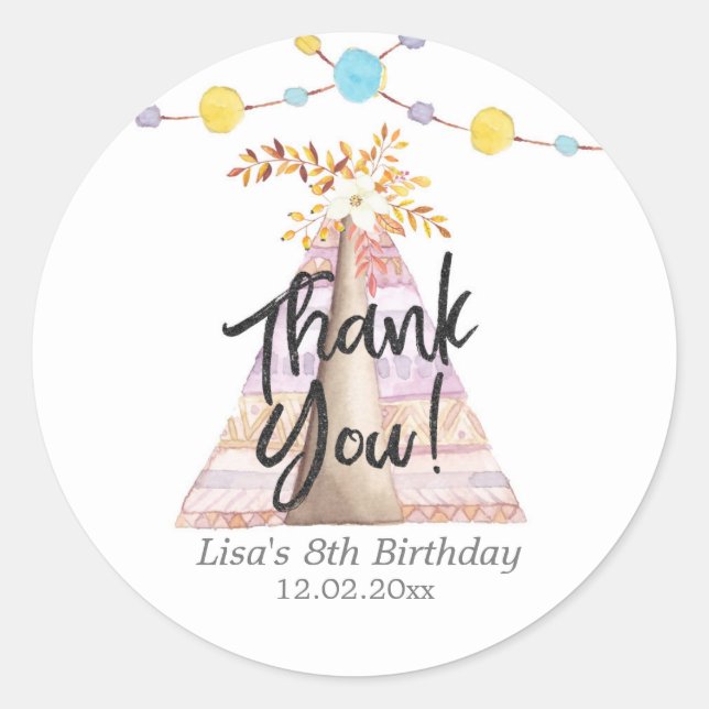 Tee Pee Sleepover Girl Birthday Party Sticker (Front)
