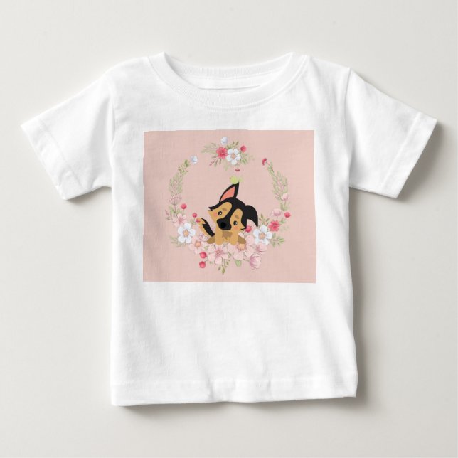 Tee Shirt for Baby Girl with Dog, Bird & Flowers (Front)