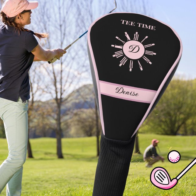 Tee Time Clock Black Pink Name Monogram Golf Head Cover (Creator Uploaded)