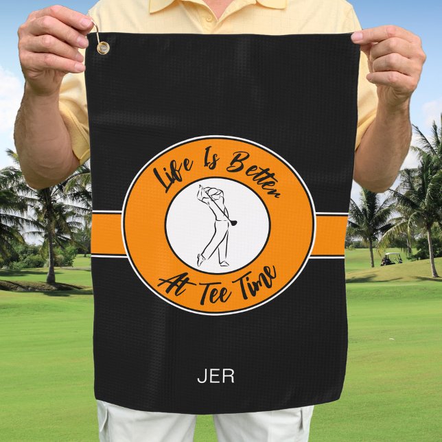 Tee Time Golfer Humor Sports Monogram Black Orange Golf Towel (Tee Time Golfer Humor Sports Monogram Black Orange Golf Towel Unique Custom Gift for Golfers)
