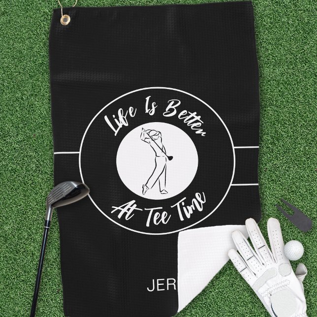 Tee Time Golfer Humor Sports Monogram Black White Golf Towel (Creator Uploaded)