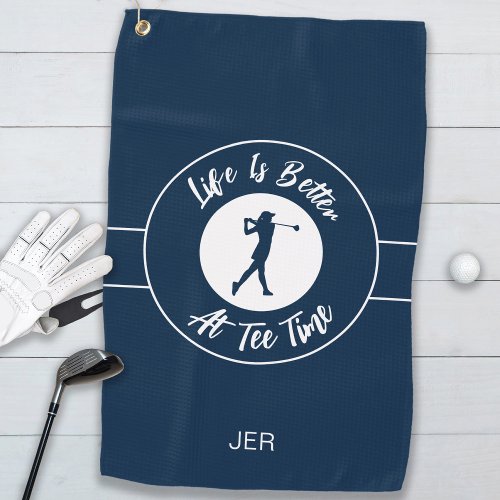 Tee Time Golfer Humor Sports Monogram Blue For Her Golf Towel