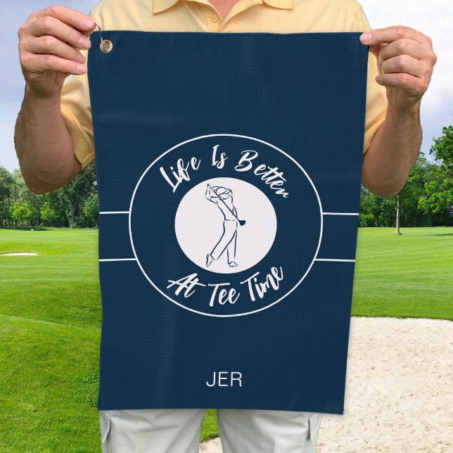 Tee Time Golfer Humor Sports Monogram Blue White Golf Towel (Creator Uploaded)