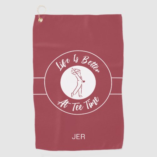 Tee Time Golfer Humor Sports Monogram Crimson Red Golf Towel