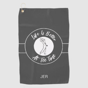 Tee Time Golfer Humor Sports Monogram Gray White Golf Towel