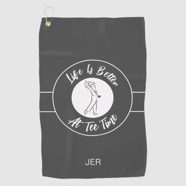 Tee Time Golfer Humor Sports Monogram Gray White Golf Towel (Front)