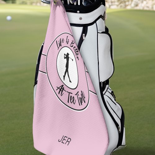 Tee Time Golfer Humor Sports Monogram Pink Black Golf Towel
