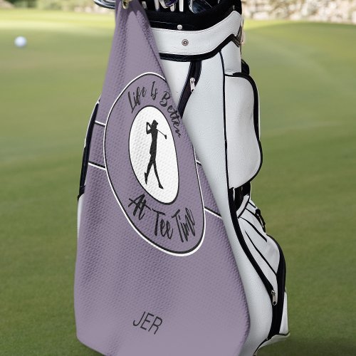Tee Time Golfer Humor Sports Monogram Purple Black Golf Towel