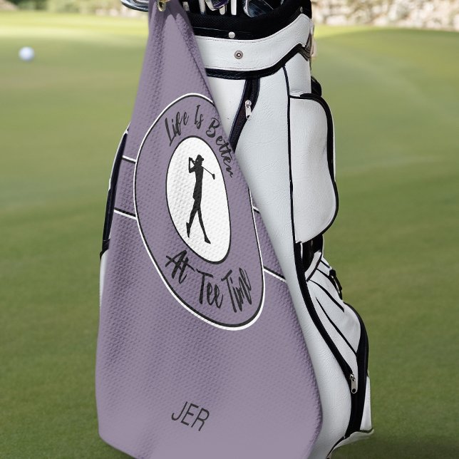 Tee Time Golfer Humor Sports Monogram Purple Black Golf Towel (Creator Uploaded)
