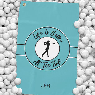 Tee Time Golfer Humor Sports Monogram Teal Black Golf Towel
