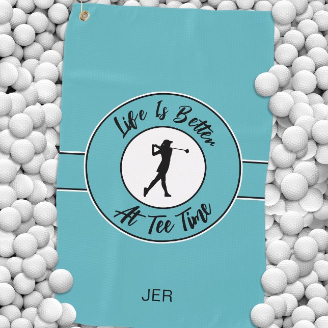 Tee Time Golfer Humor Sports Monogram Teal Black Golf Towel (Tee Time Golfer Humor Sports Monogram Teal Black Golf Towel)