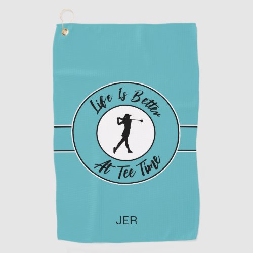 Tee Time Golfer Humor Sports Monogram Teal Black Golf Towel