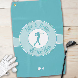 Tee Time Golfer Humor Sports Monogram Teal For Her Golf Towel