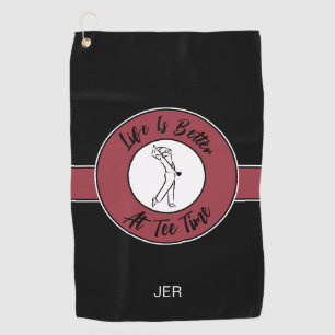 Tee Time Humor Monogram Black Red Golf Towel