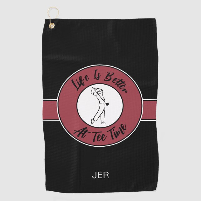 Tee Time Humor Monogram Black Red Golf Towel (Front)