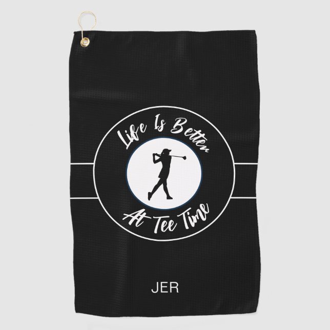 Tee Time Humor Monogram Black White Golf Towel (Front)