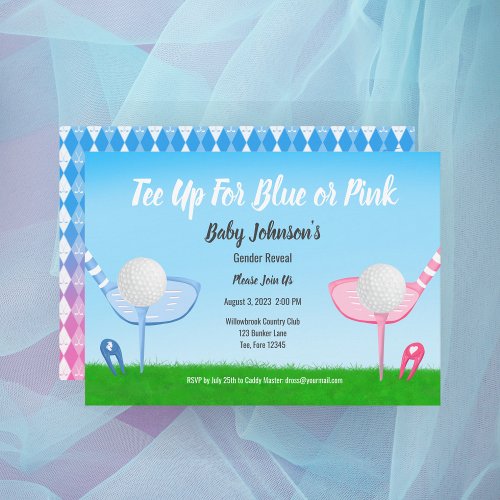 Tee Up Blue or Pink Golf Gender Reveal Baby Shower Invitation