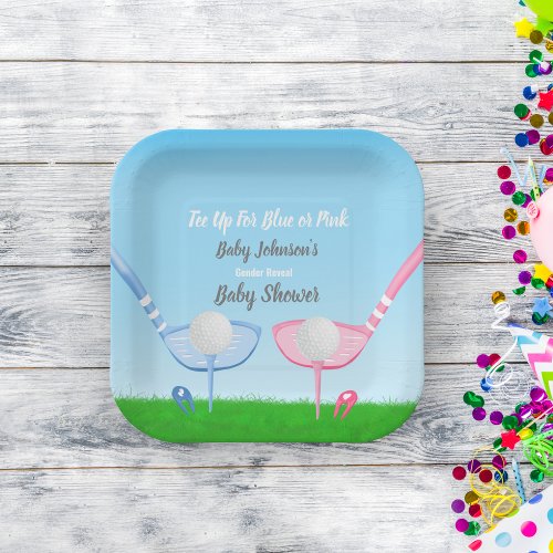 Tee Up Blue or Pink Golf Gender Reveal Baby Shower Paper Plates