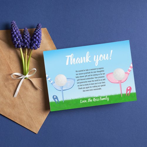 Tee Up Blue or Pink Golf Gender Reveal Baby Shower Thank You Card