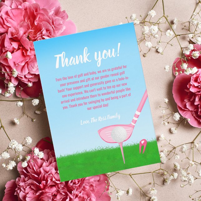 Tee Up Pink Golf Gender Reveal Baby Thank You Card (Creator Uploaded)