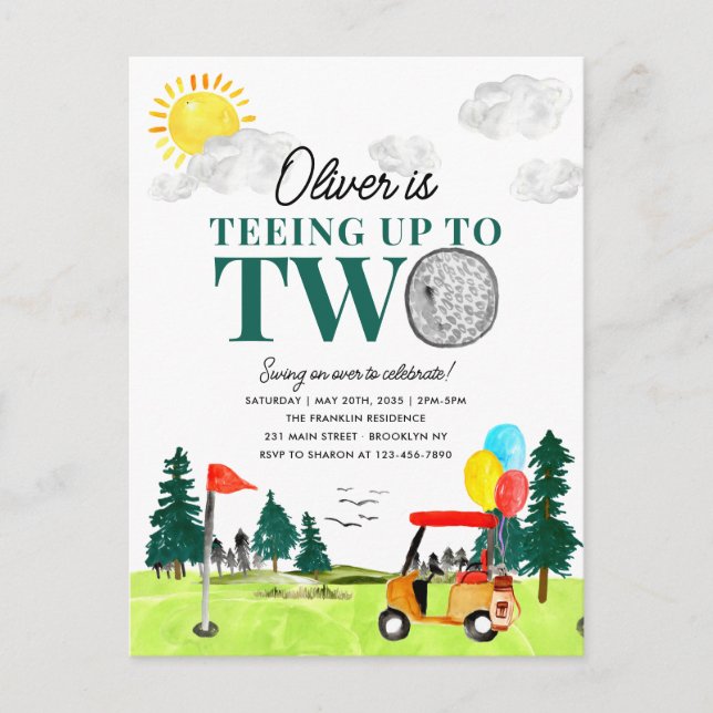 Teeing to Two Golf Boy Golfing Partee 2nd Birthday Postcard (Front)