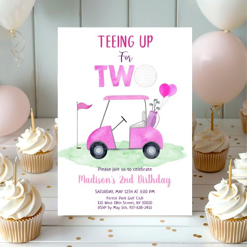 Teeing Up for Two Pink Girl Golf Birthday Invitation