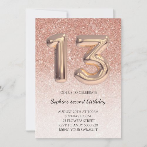 Teen 13th Birthday Rose Gold Glitter Foil Balloon