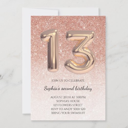 Teen 13th Birthday Rose Gold Glitter Foil Balloon Invitation