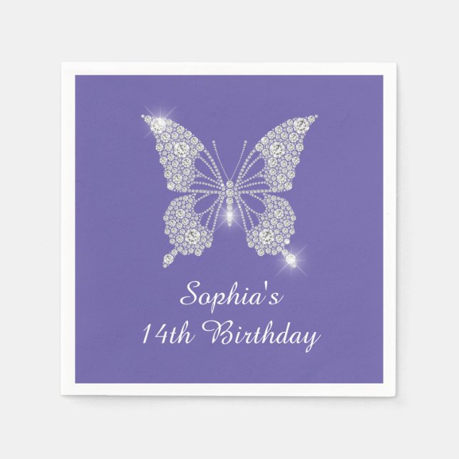 Teen B'day, Diamond Butterfly Name Age, Periwinkle Napkins (Front)